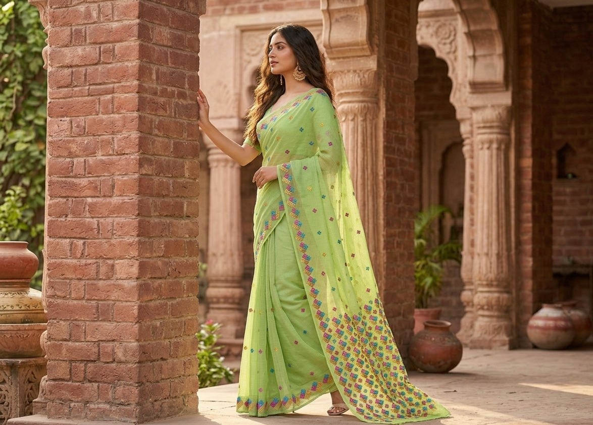 Phulkari Saree – Hand Embroidered Parrot Green Saree for Women | The Amritsar Store