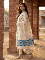 Phulkari Dupatta – Hand Embroidered White Dupatta with Blue Embroidery | The Amritsar Store - The Amritsar Store