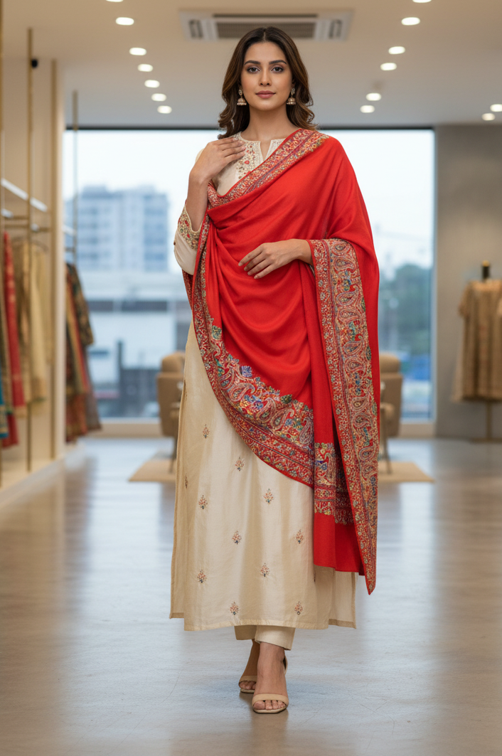 Red Four Side Border Kashmiri Embroidery Pure Wool Handcrafted Shawl