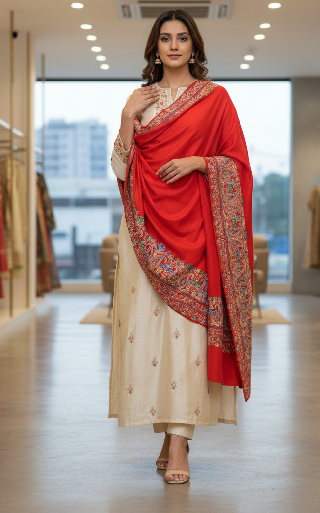 Red Four Side Border Kashmiri Embroidery Pure Wool Handcrafted Shawl
