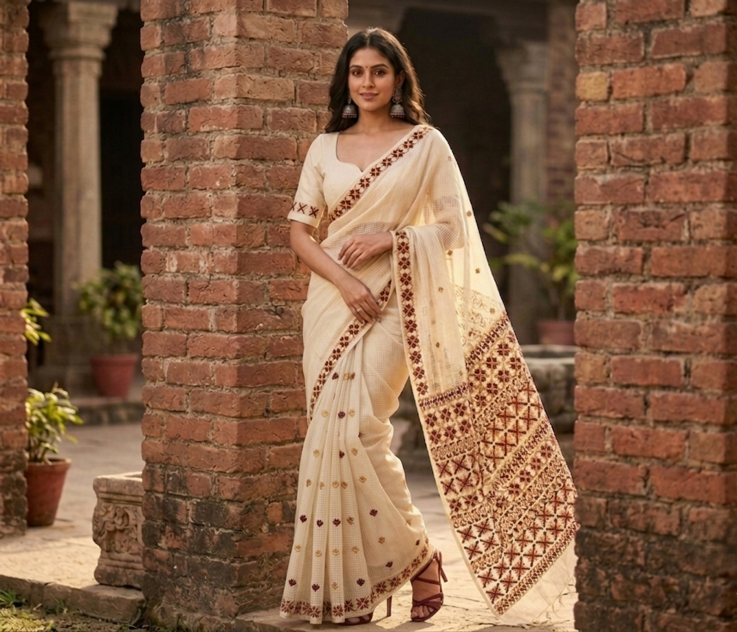 Phulkari Saree – Hand Embroidered Off White Saree For Women | The Amritsar Store