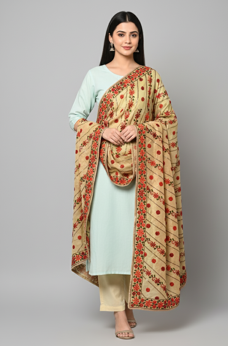 Classic Phulkari Dupatta In Golden Color With Red Embroidery by The Amritsar Store