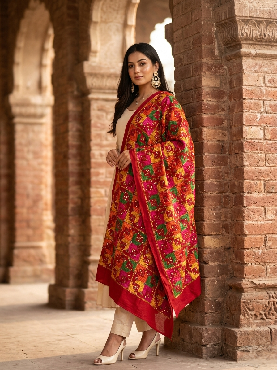 Phulkari Bagh Dupatta – Hand Embroidered Mirror Work Dupatta | The Amritsar Store