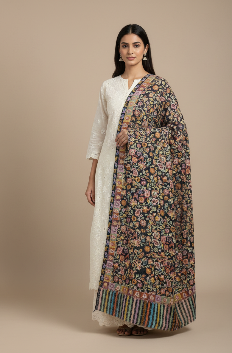 The Amritsar Store,Kashmiri kalamkari Embroidered Stole – Multicolor Floral Jaal on Black Base with Vibrant Striped Border