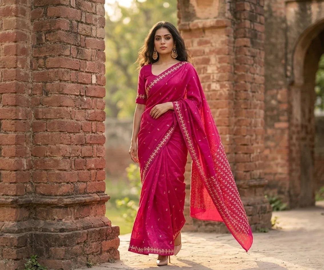 Phulkari Saree - Hand Embroidered Saree in Magenta color | The Amritsar Store - The Amritsar Store