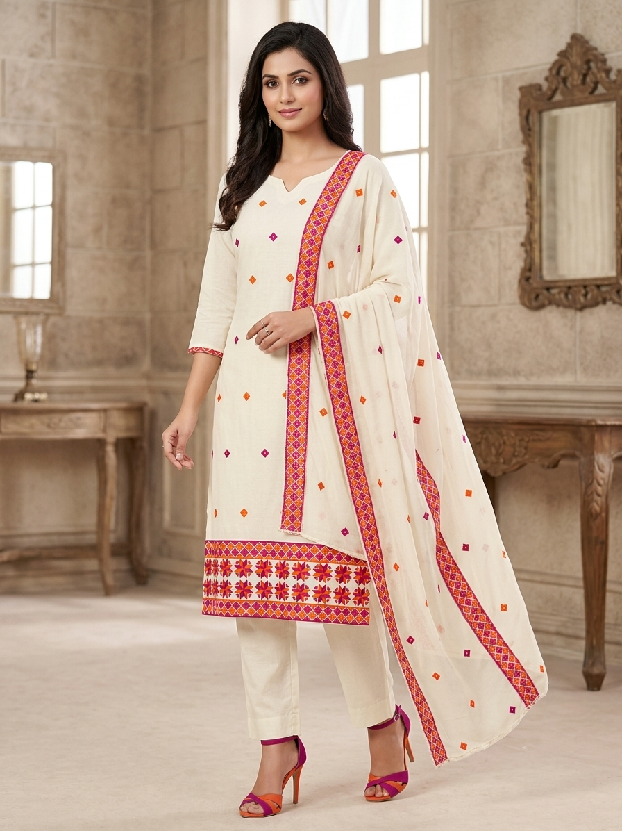 The Amritsar Store ,Phulkari Geometric Floral Embroidered Unstitched Suit Set With Dupatta