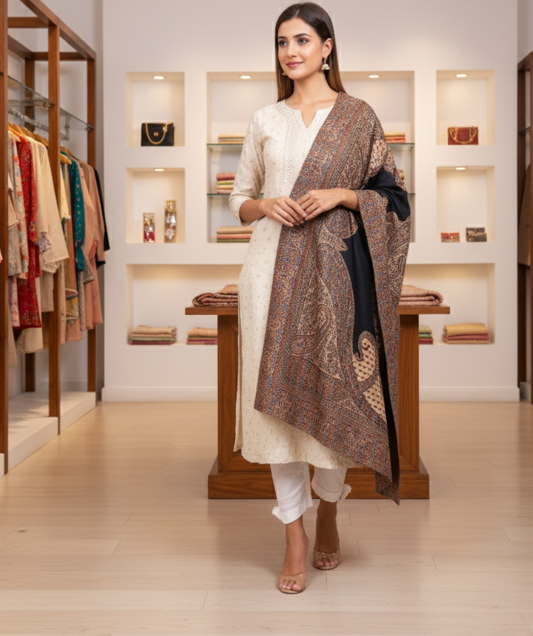 The Amritsar Store Elegant Kashmiri Jamawar Shawl with Classic Paisley Motifs