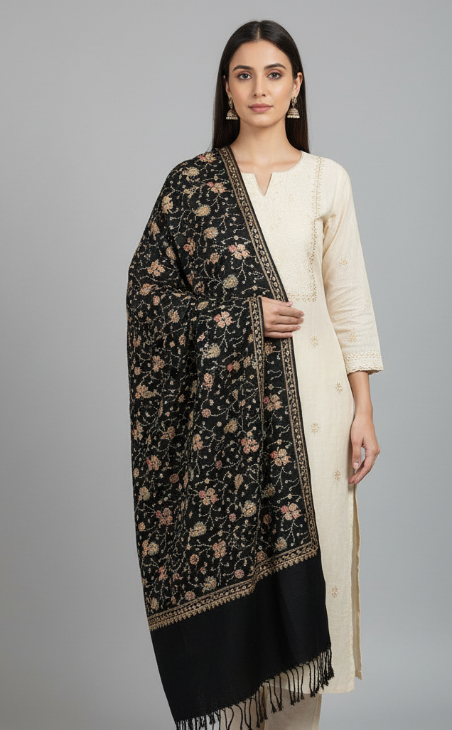 The Amritsar Store Womens Black Hand Embroidered Stole – Elegant Wool Wrap for Women