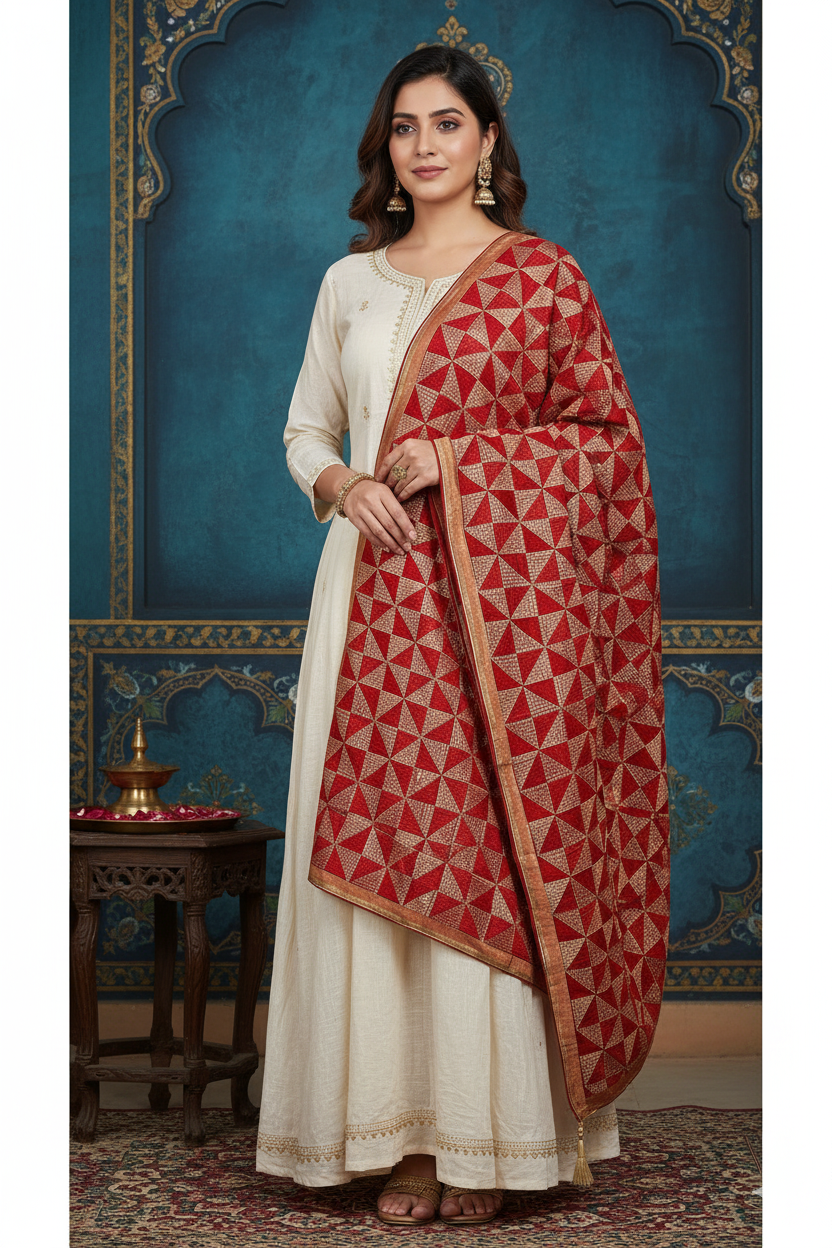 The Amritsar Store Phulkari Dupatta with Geometric Embroidery