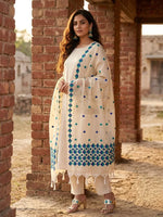 Phulkari Dupatta – Hand Embroidered White Dupatta with Blue Embroidery | The Amritsar Store - The Amritsar Store