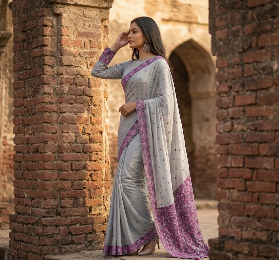 Phulkari Saree – Hand Embroidered Grey Saree with Pink Border | The Amritsar Store