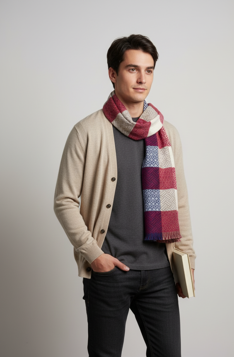 Multicolor Geometric Checkered Scarf – Soft Winter Wrap in Red, Blue, Beige & White