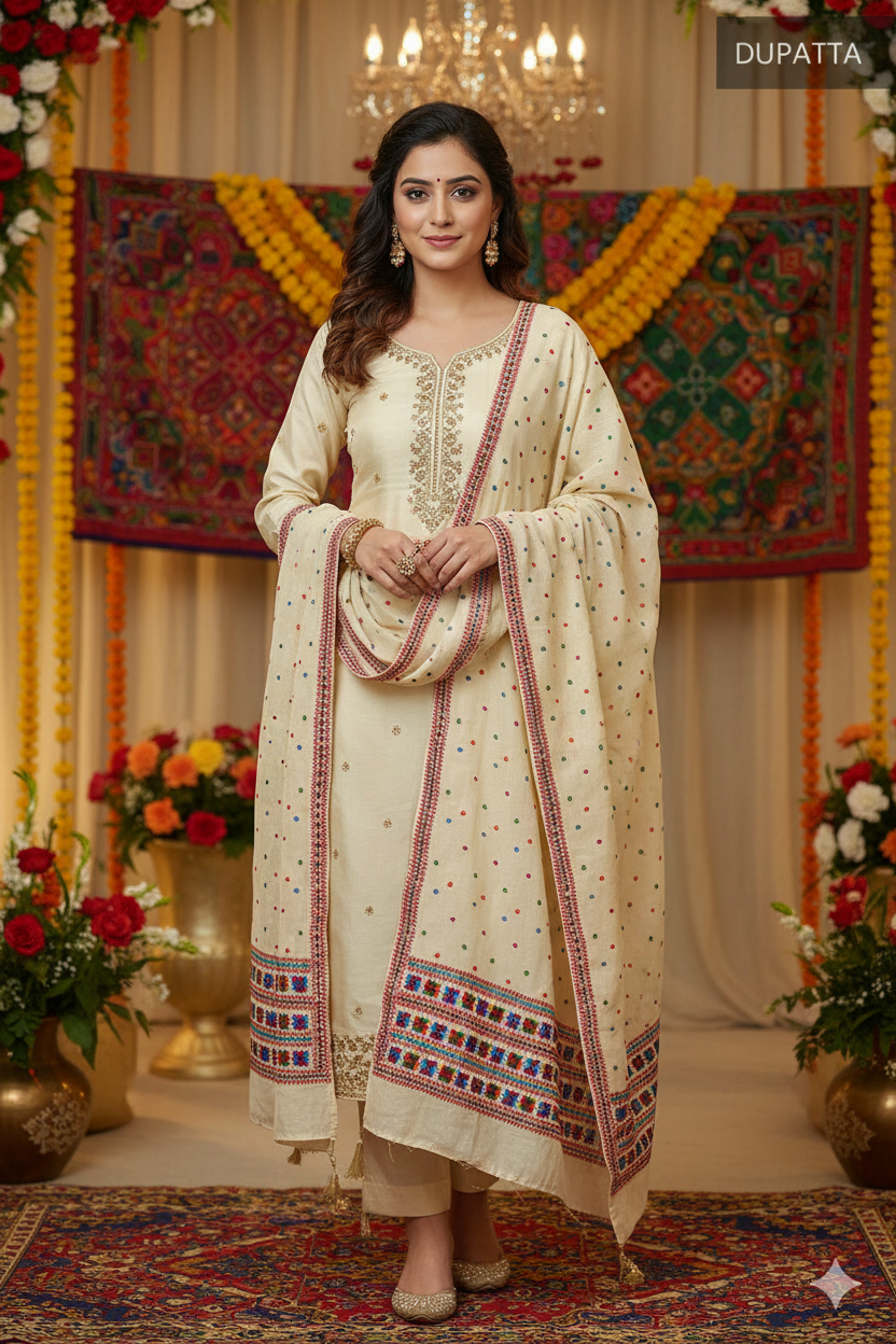 The Amritsar Store Phulkari Dupatta Hand Embroidered on Lemon Color