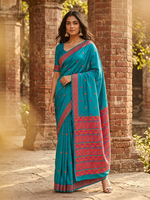 Phulkari Saree – Hand Embroidered Teal Blue Saree for Women | The Amritsar Store