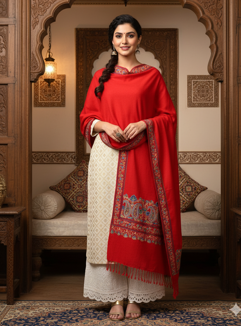 Red Four Side Border Kashmiri Embroidery Pure Wool Handcrafted Shawl