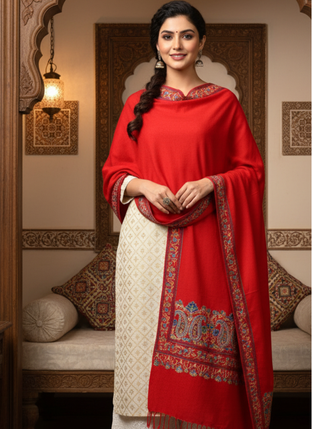Red Four Side Border Kashmiri Embroidery Pure Wool Handcrafted Shawl
