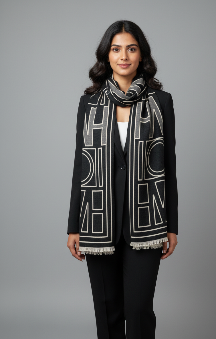 ModernShawl – Soft Black & White Geometric Wrap