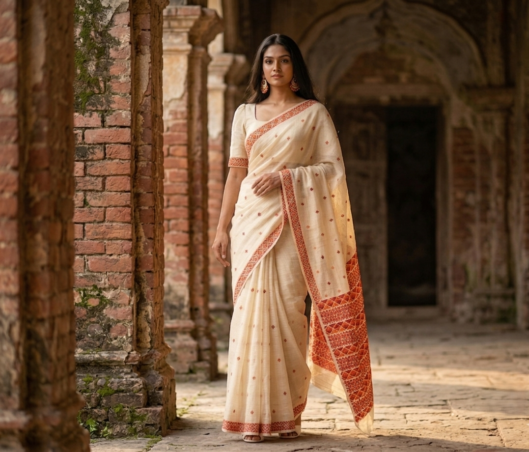 Phulkari Saree – Hand Embroidered Off White Punjabi Saree | The Amritsar Store