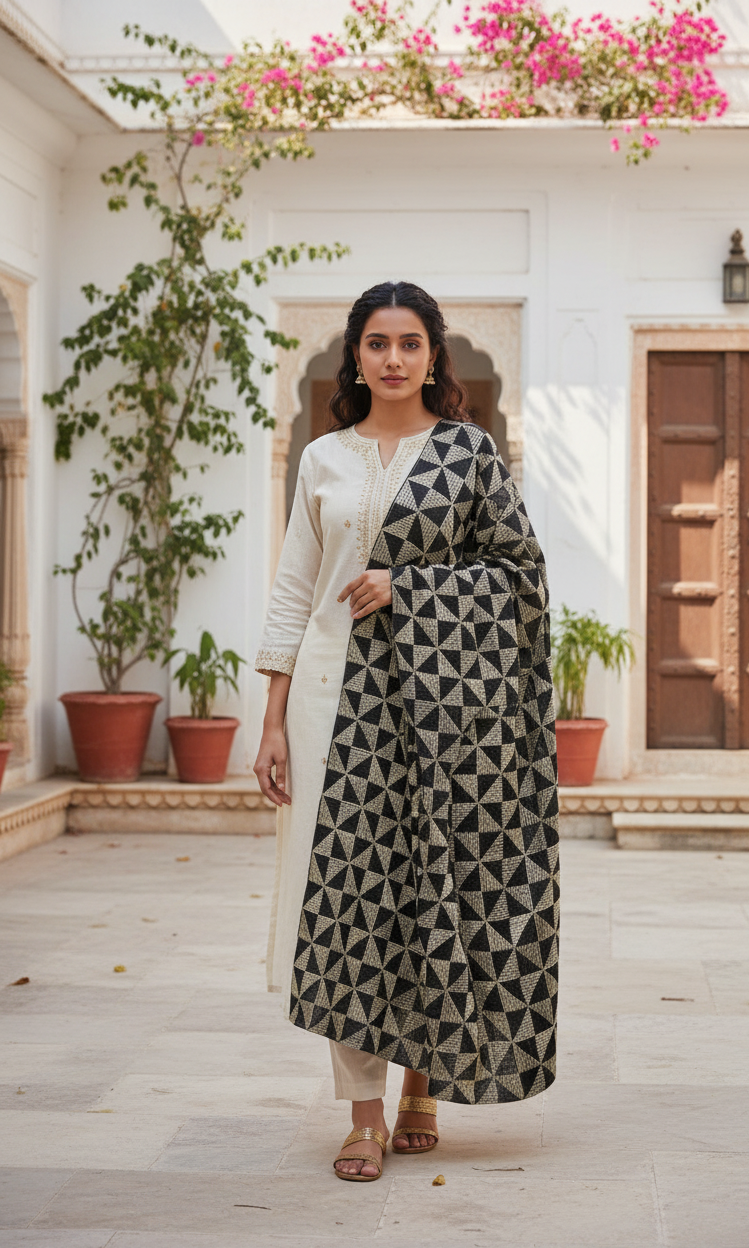The Amritsar Store Phulkari Dupatta with Geometric Embroidery