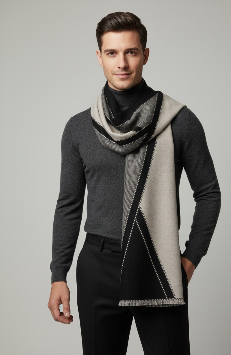 Elegant Two-Tone Scarf with Graphic V Pattern (Reversible)