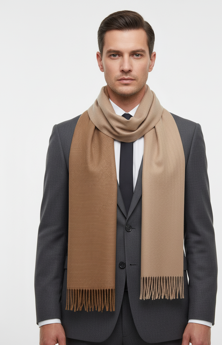 Elegant Camel Brown Two-Tone Winter Scarf – Soft Cozy Wrap with Fringed Edges