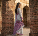 Phulkari Saree – Hand Embroidered Grey Saree with Pink Border | The Amritsar Store