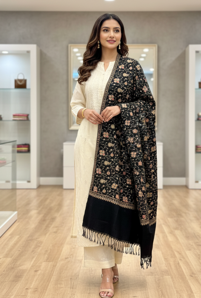 Black Hand Embroidered Stole – Elegant Wool Wrap for Women