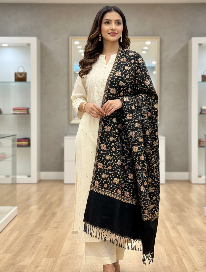 The Amritsar Store Womens Black Hand Embroidered Stole – Elegant Wool Wrap for Women
