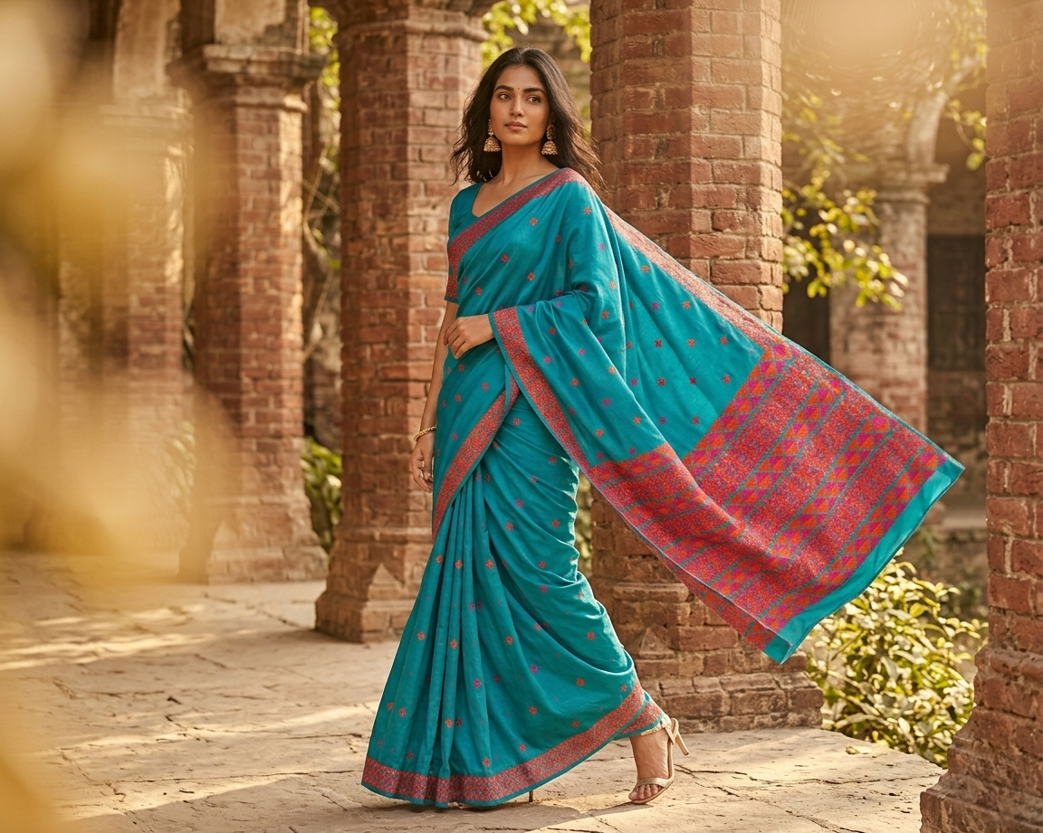 Phulkari Saree – Hand Embroidered Teal Blue Saree for Women | The Amritsar Store