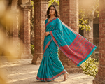 Phulkari Saree – Hand Embroidered Teal Blue Saree for Women | The Amritsar Store