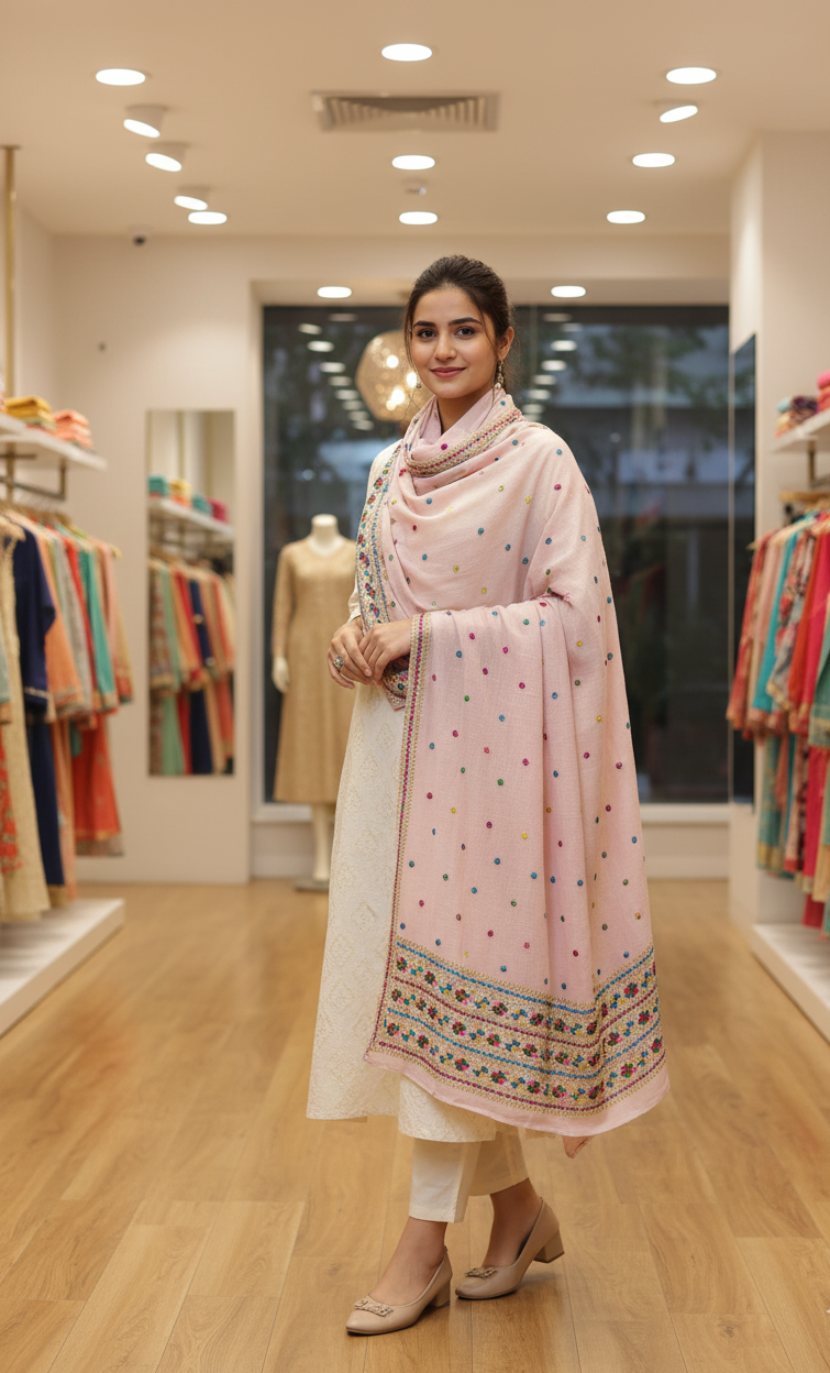 The Amritsar Store Phulkari Hand Embroidered Dupatta in Pink