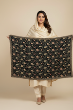 Black Hand Embroidered Stole – Elegant Wool Wrap for Women