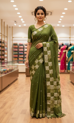 The Amritsar Store Phulkari Saree Hand-Embroideredin Olive Green