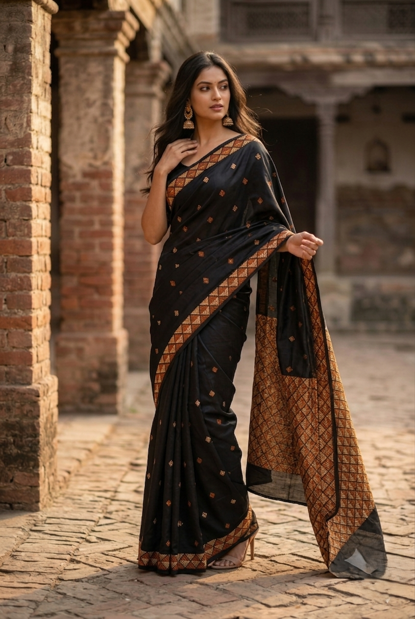 Phulkari Saree – Hand Embroidered Black Punjabi Saree | The Amritsar Store
