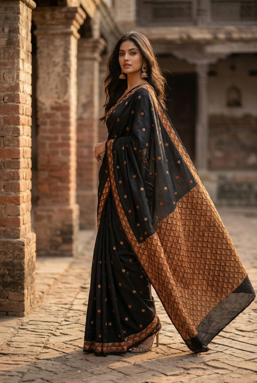 Phulkari Saree – Hand Embroidered Black Punjabi Saree | The Amritsar Store