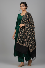 Black Hand Embroidered Stole – Elegant Wool Wrap for Women