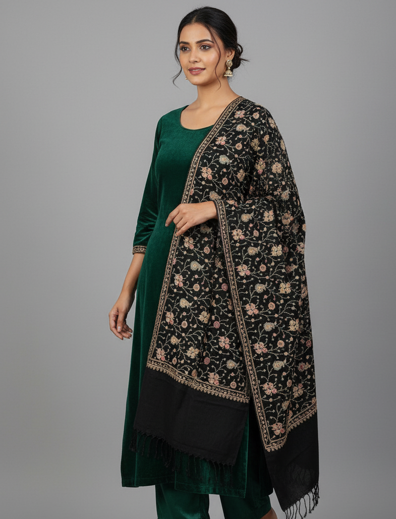 The Amritsar Store Womens Black Hand Embroidered Stole – Elegant Wool Wrap for Women