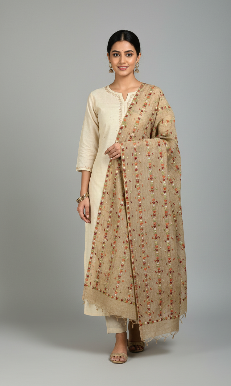 Phulkari Dupatta Hand Embroidered with Multicolor thread on Brown