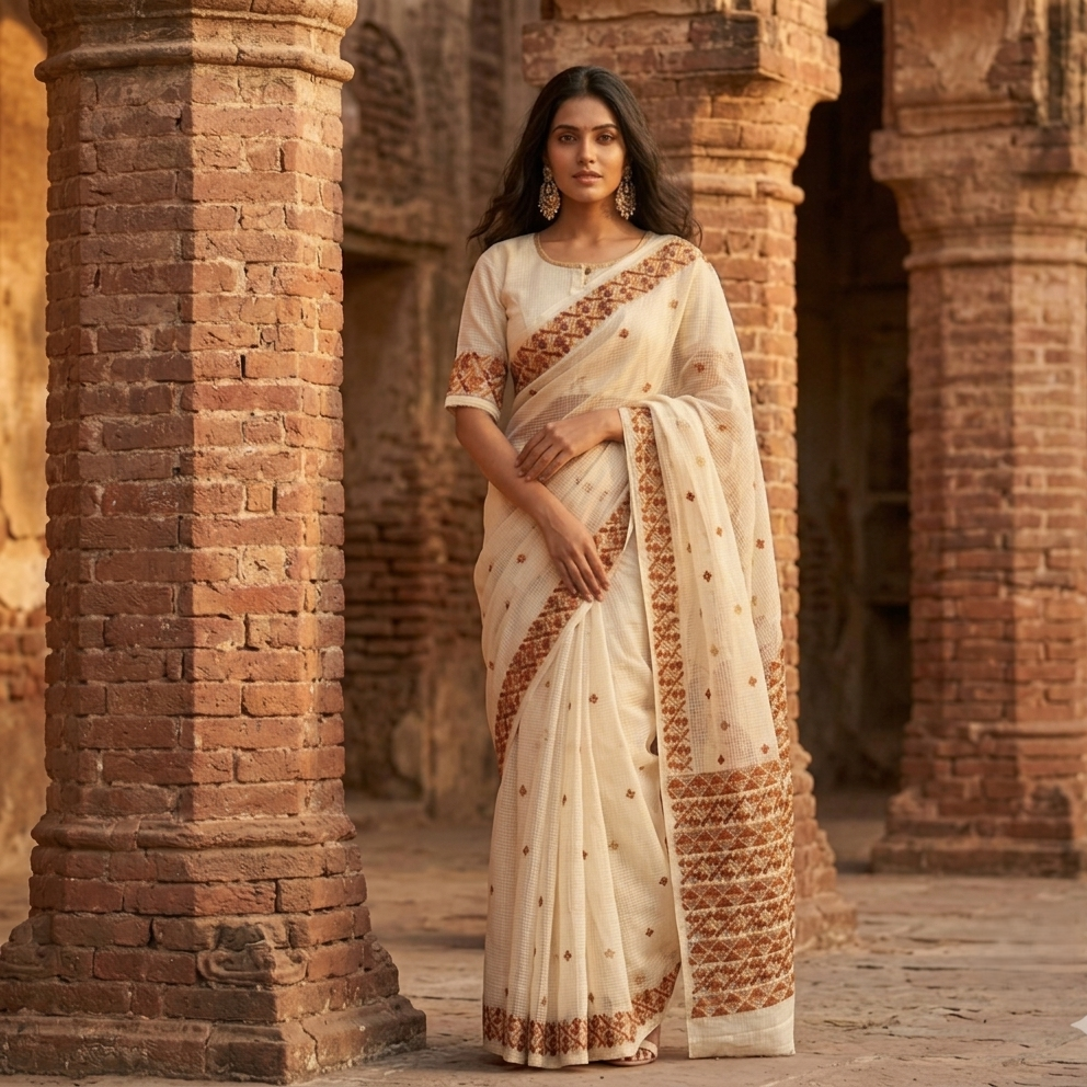 Phulkari Saree – Hand Embroidered Off White Saree for Women | The Amritsar Store