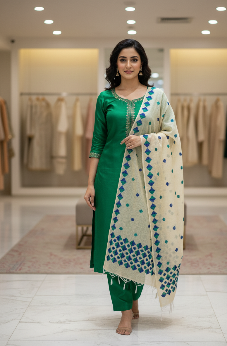 The Amritsar Store Phulkari Dupatta on white with blue accents Hand-Embroidery