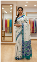 The Amritsar Store Phulkari Hand Embroidered Saree in White color with Blue Accent