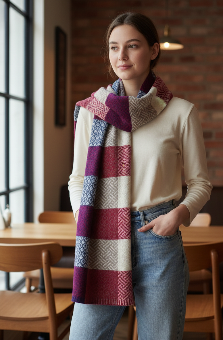 Multicolor Geometric Checkered Scarf – Soft Winter Wrap in Red, Blue, Beige & White