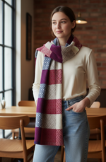 Multicolor Geometric Checkered Scarf – Soft Winter Wrap in Red, Blue, Beige & White