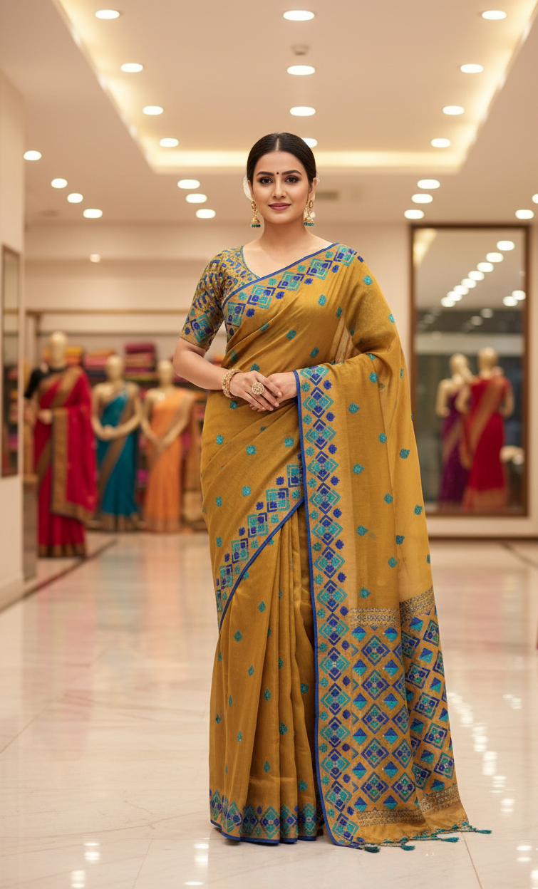 Phulkari Saree Hand Embroidered in blue Thread on Mustard Color,The Amritsar Store