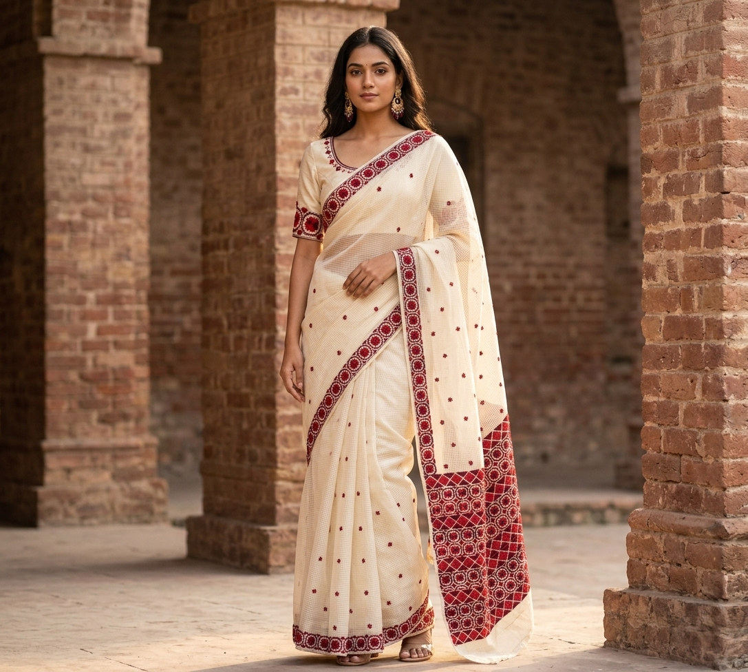 Phulkari Saree – Hand Embroidered White Saree For Women | The Amritsar Store