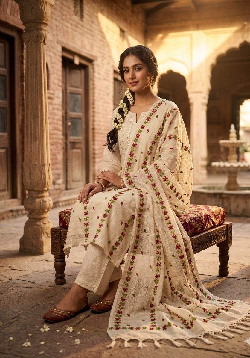 Phulkari Dupatta – Hand Embroidered Off White Floral Wrap| The Amritsar Store
