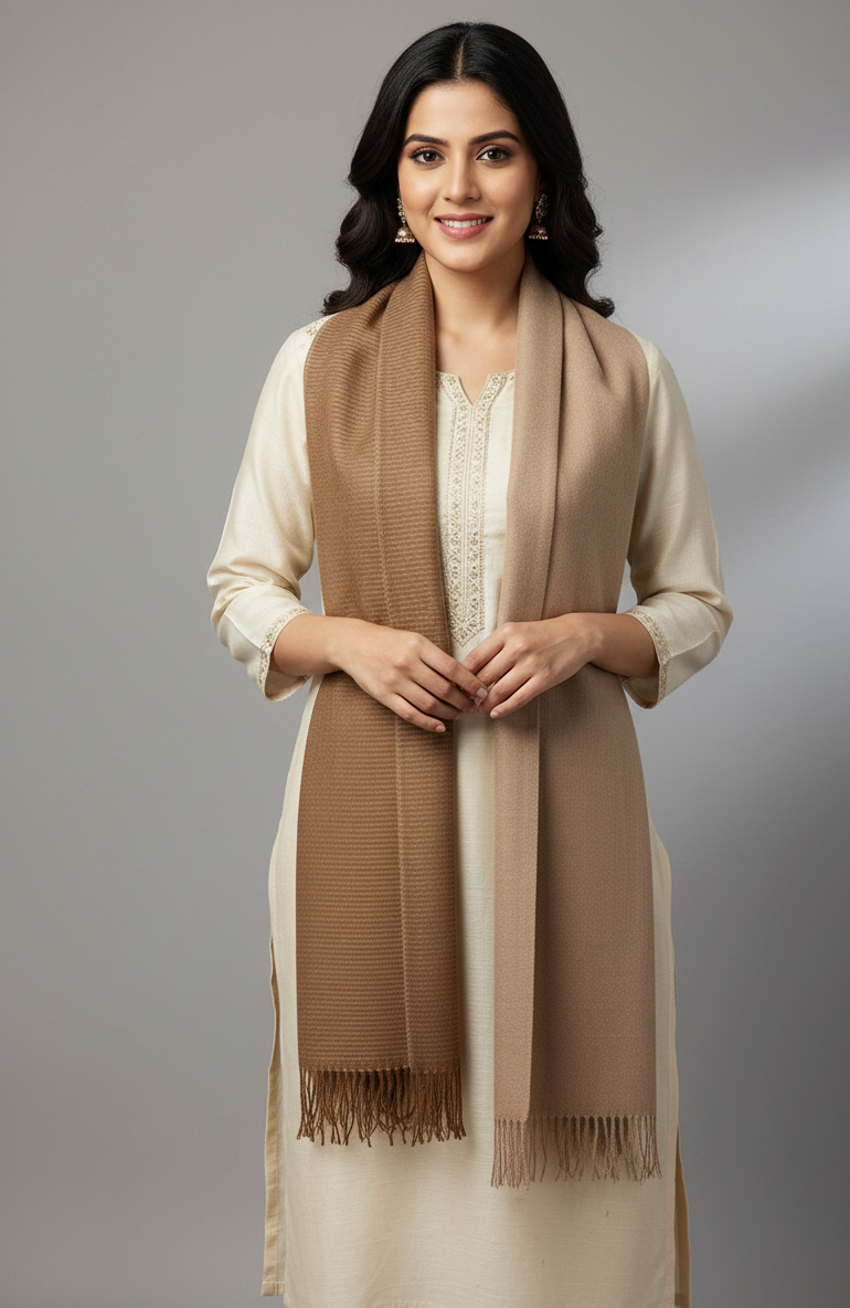 Elegant Camel Brown Two-Tone Winter Scarf – Soft Cozy Wrap with Fringed Edges