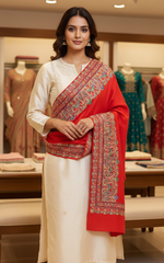 Red Four Side Border Kashmiri Embroidery Pure Wool Handcrafted Shawl