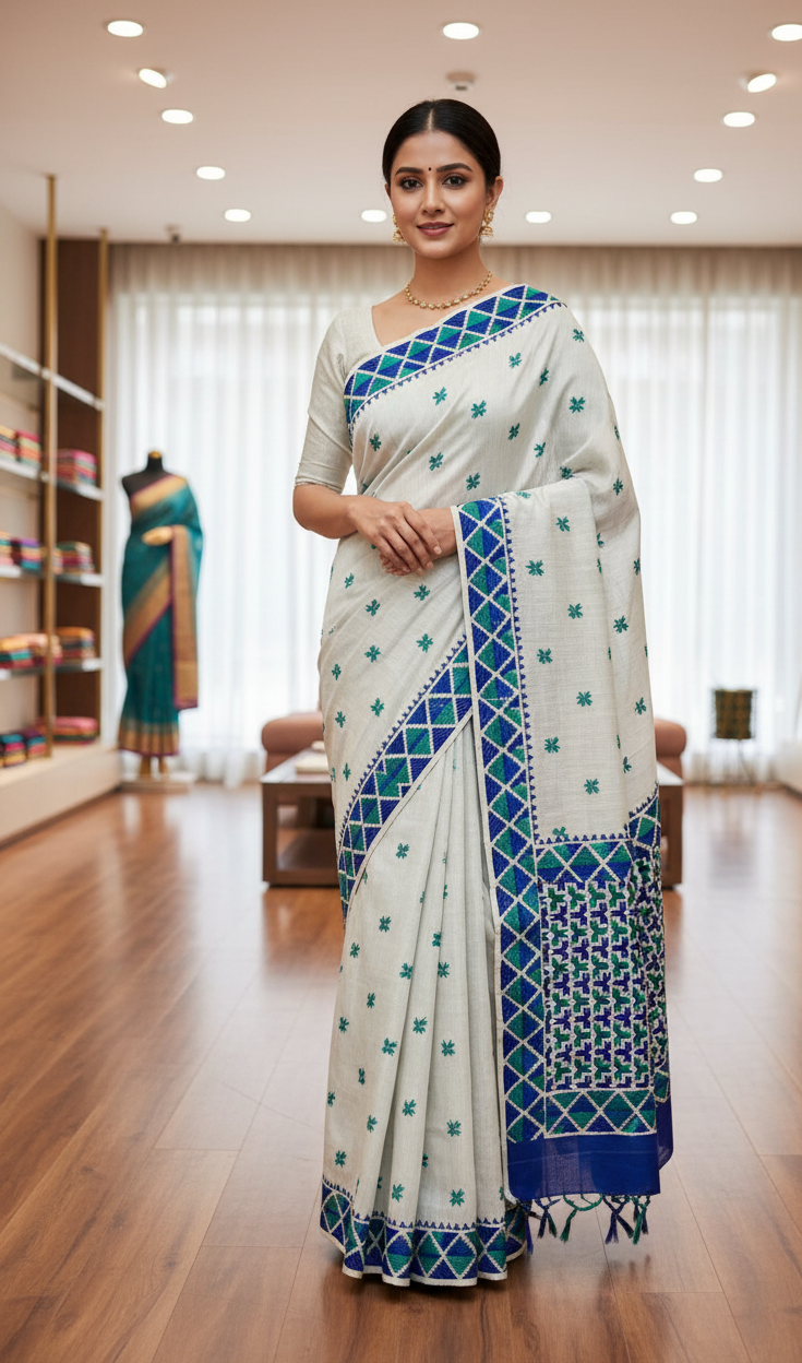 The Amritsar Store Phulkari Hand Embroidered Saree in White color with Blue Accent