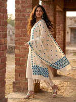Phulkari Dupatta – Hand Embroidered White Dupatta with Blue Embroidery | The Amritsar Store - The Amritsar Store